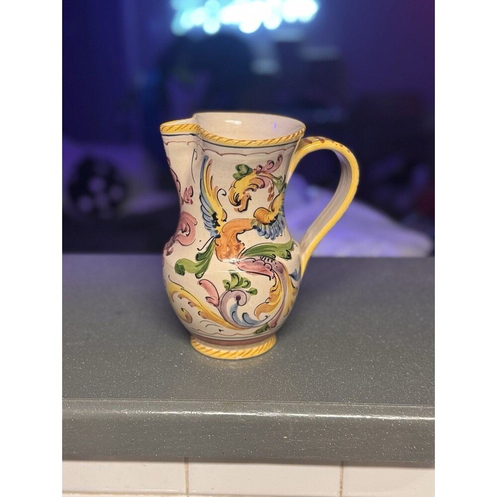 Vtg Italian Majolica Hand Painted Pitcher Floral Ceramic Vase Italy 6.75”
